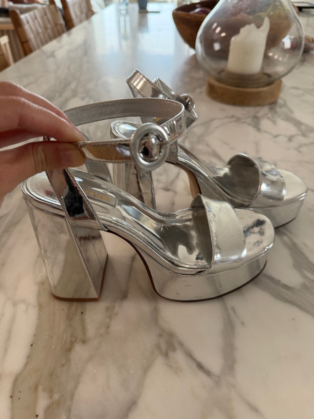 Larroude Metallic Silver Platform Block Heel Sandals